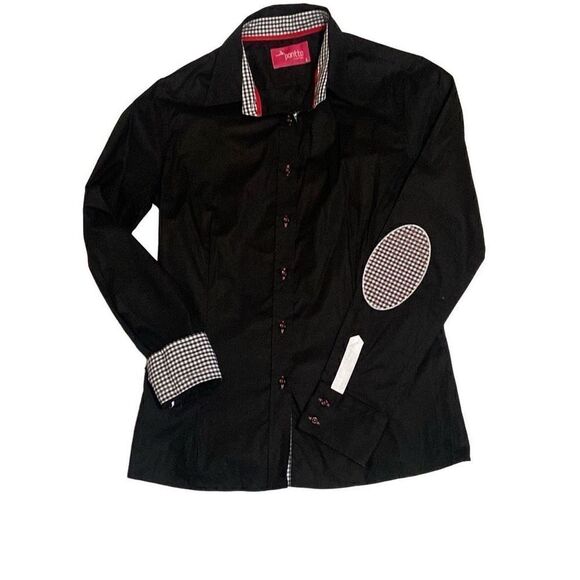 Pontto Black Long Sleeve Button Shirt Black White Gingham Check & Red Accents Lg - Picture 1 of 12